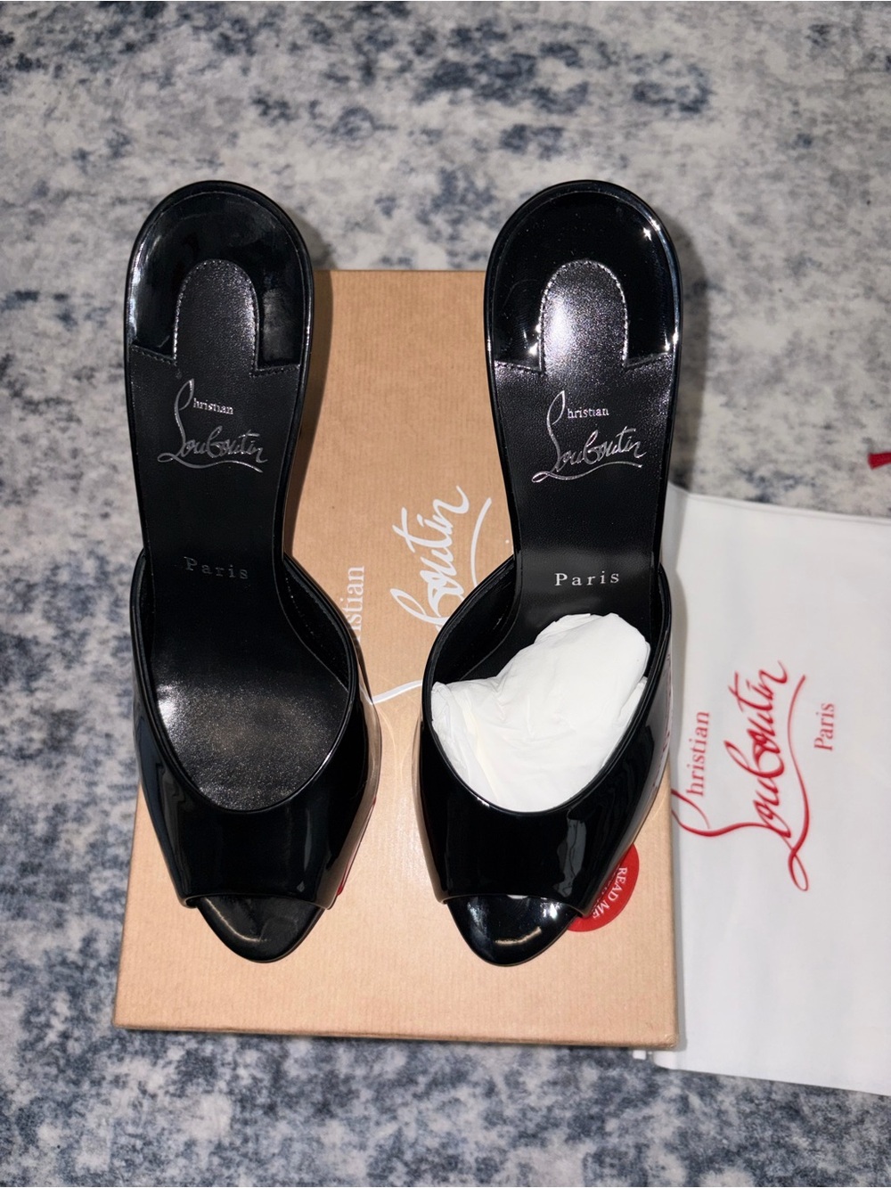 Christian Louboutin Black Patent Peep-Toe Mules with Signature Red Soles